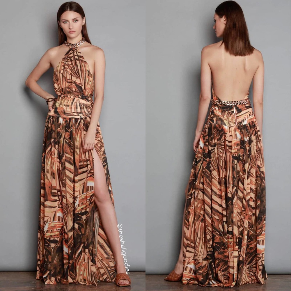 BRONX & BANCO Kenya Chain Gown Brown Tropical Floral Maxi Dress